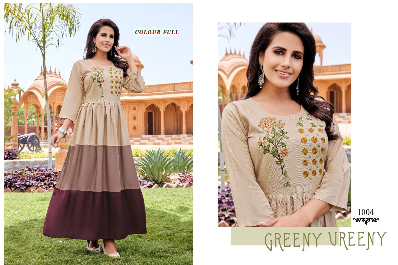 Colour Full 1001 Fancy Party Wear Rayon Long Anarkali Kurti Collection